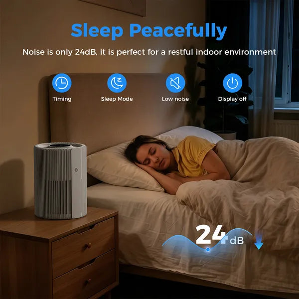 Air purifier in bedroom setting