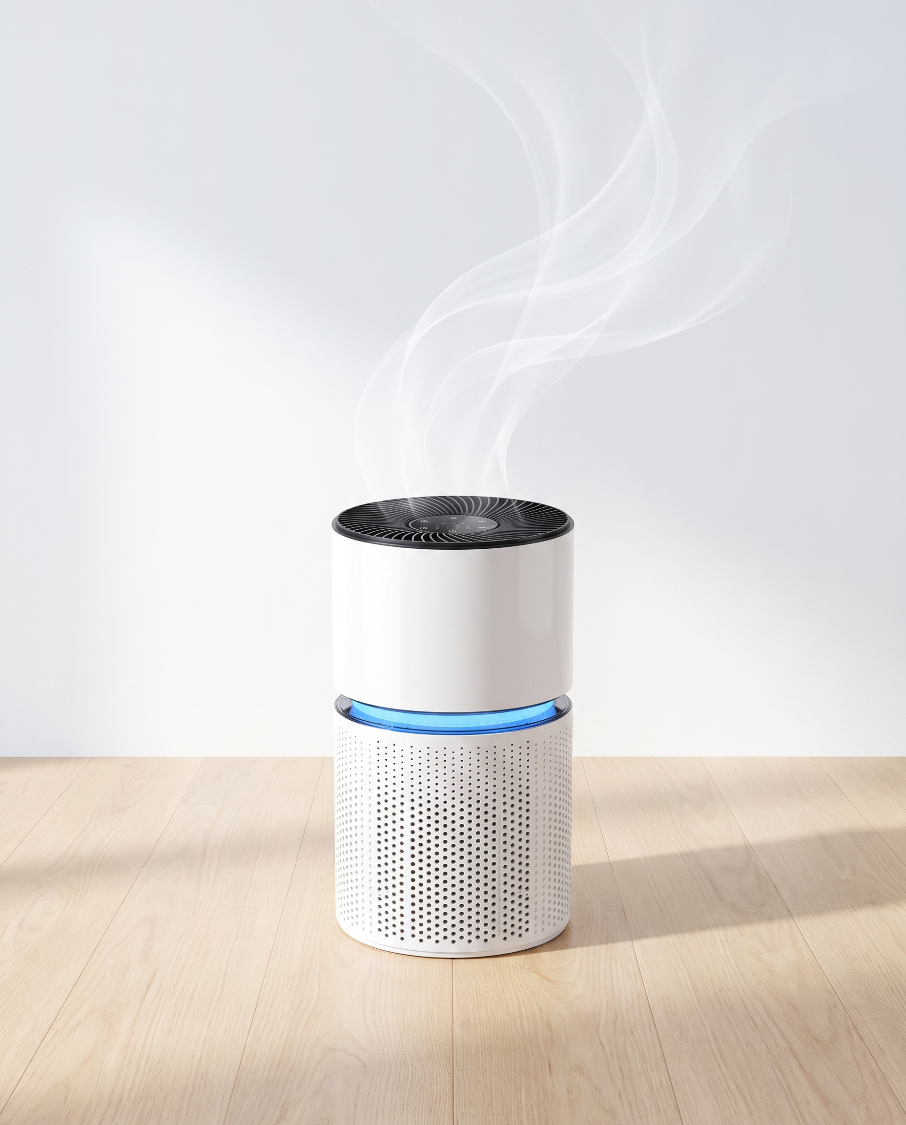 Aormaus Large Room purifier in a bright studio with clean-air ribbons