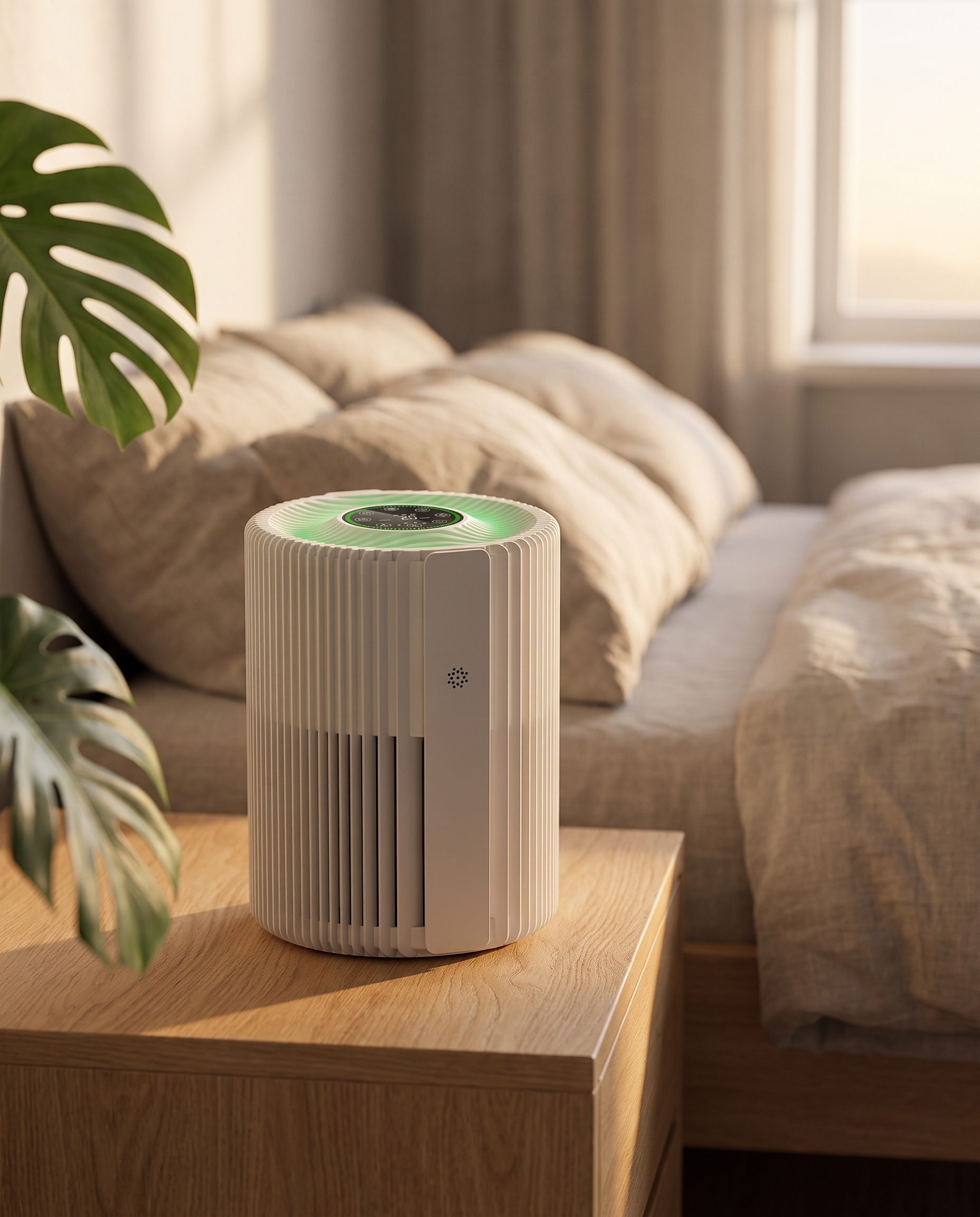 Aormaus Compact 3-Stage purifier on a nightstand at dawn