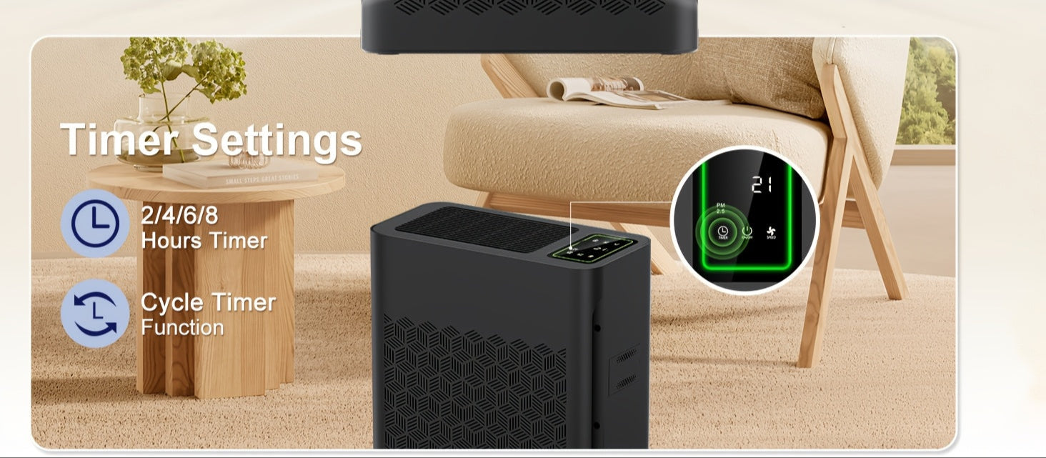 Black air purifier with timer settings displayed in a living room setting